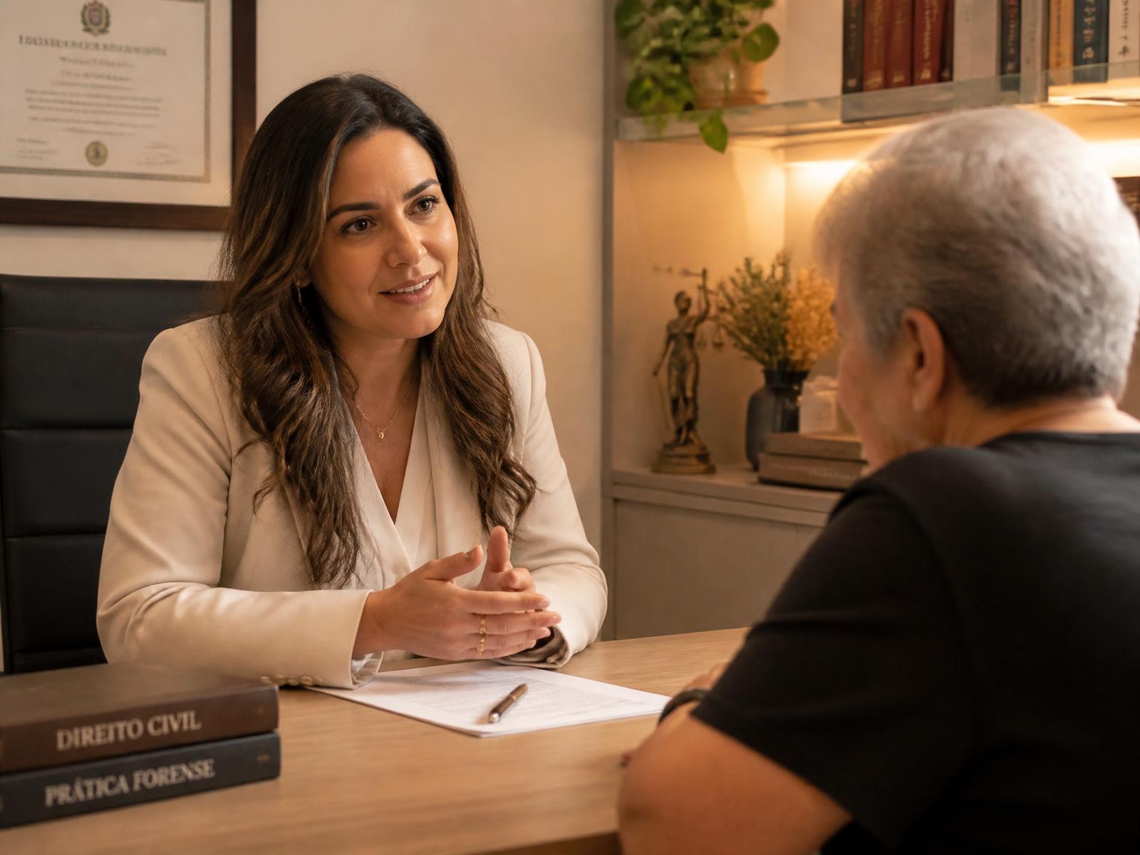 Advogada conversando com cliente sobre o seu caso previdenciário